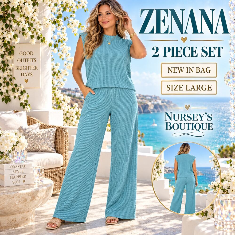 Zenana Blue Waffle Knit 2 Piece Set Mock Neck Top Wide Leg Pants L NIB